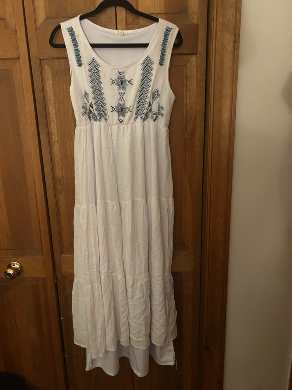 Solitaire Women’s Sz M White Blue Green Grecian Inspired Sleeveless Maxi Dress